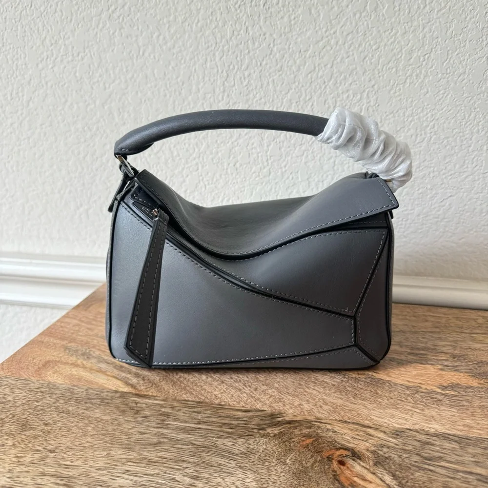 Graphite Gray Mini Leather Patchwork Satchel Puzzle Crossbody Shoulder Bag